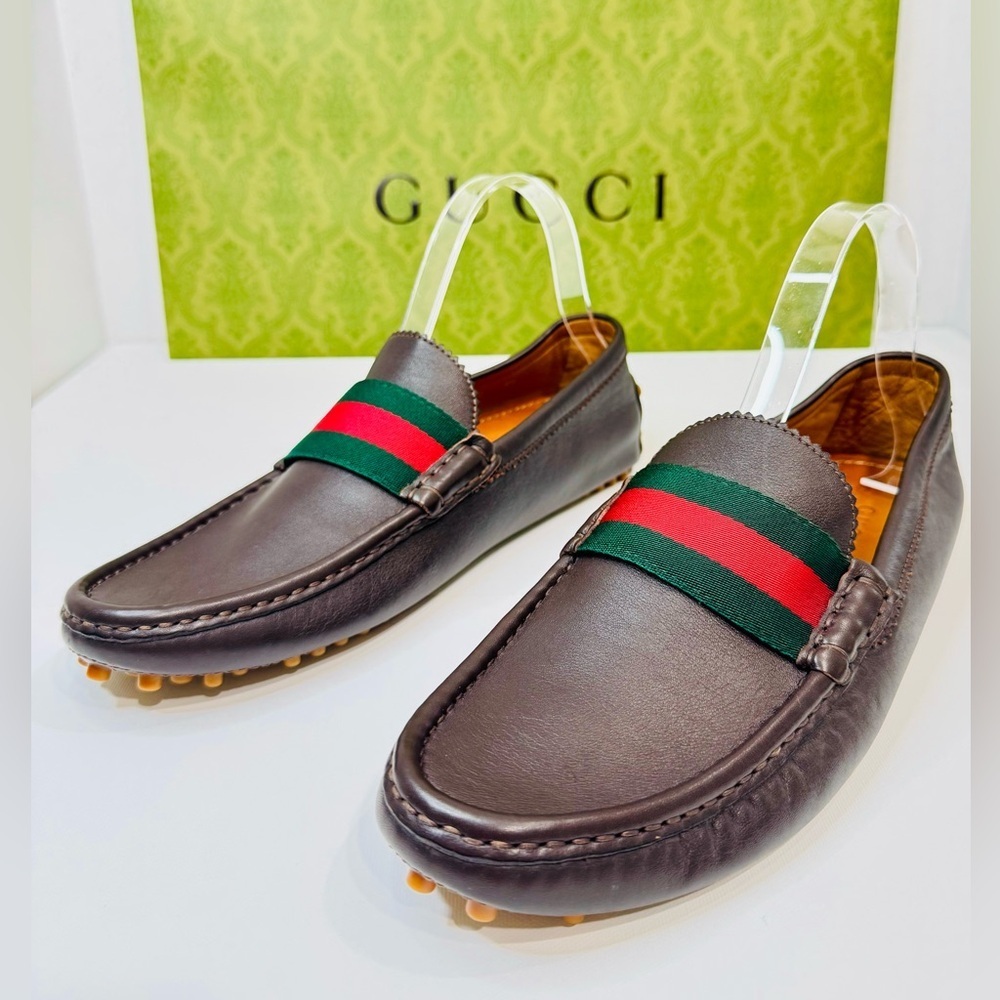Men’s Gucci Web Accent Leather Drivers Moccasin Dark Brown Size 8.5 New no Box! - Picture 4 of 16